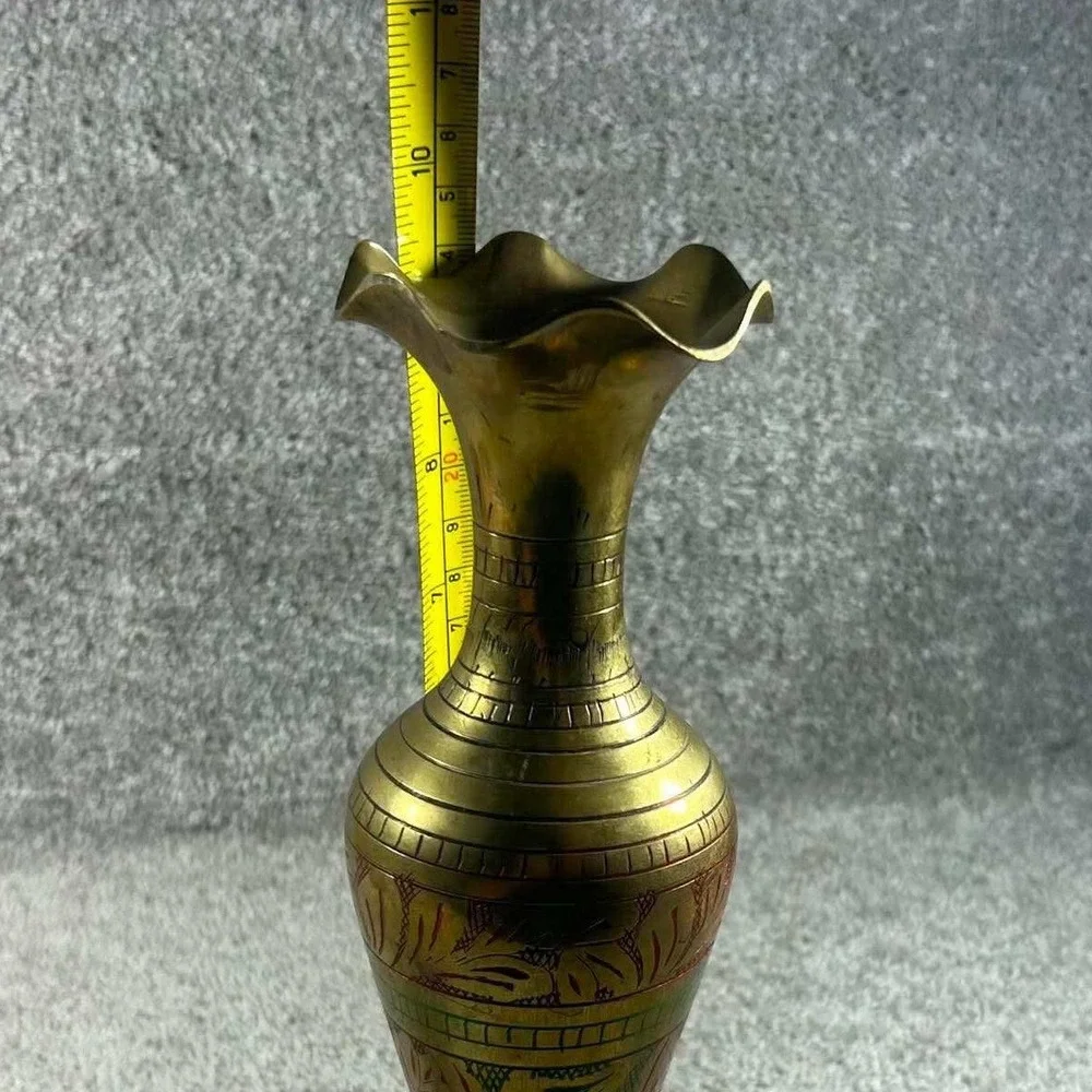 Vintage Brass Bud Vase Etched Floral Enamel Scalloped Rim Decor